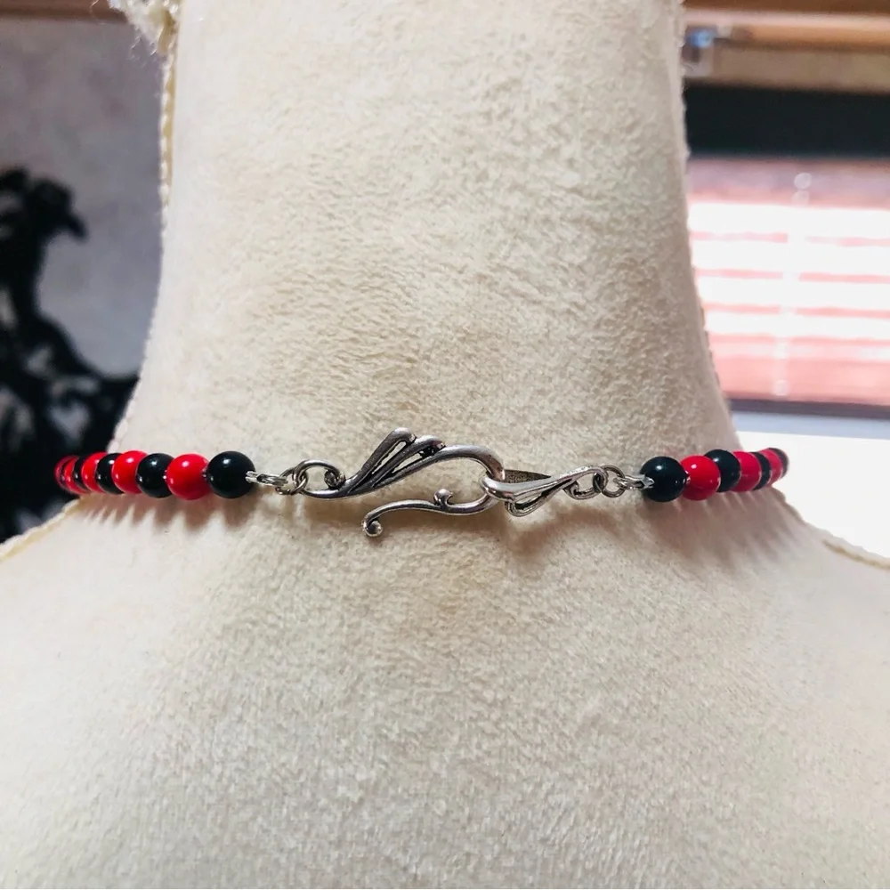 Handcrafted repurpose vintage red and black drop pendant beaded necklace